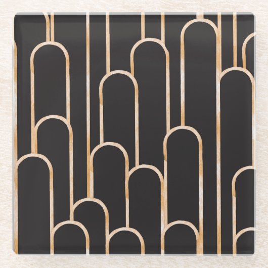 アールデコジオメトリ：金ゴールド水彩壁紙 ガラスコースター (正面)