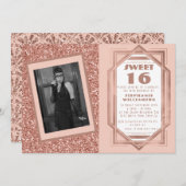 アールデコスウィート16バラ金ゴールドグリッターギャツビー写真 招待状 (正面/裏面)