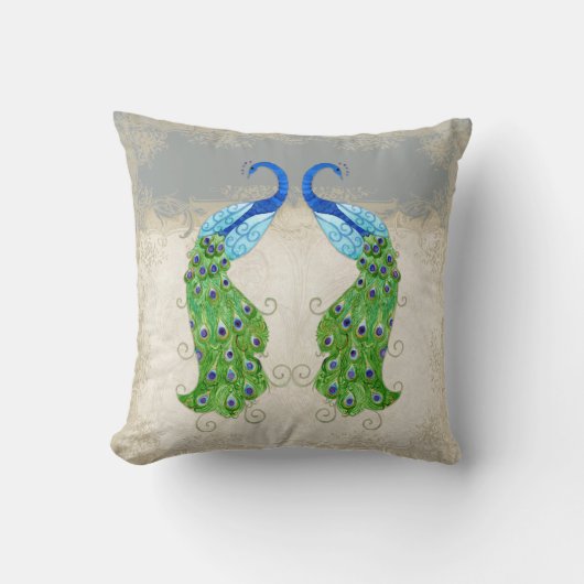 アールデコスタイルピーコックグレーヴィンテージレース クッション (正面)