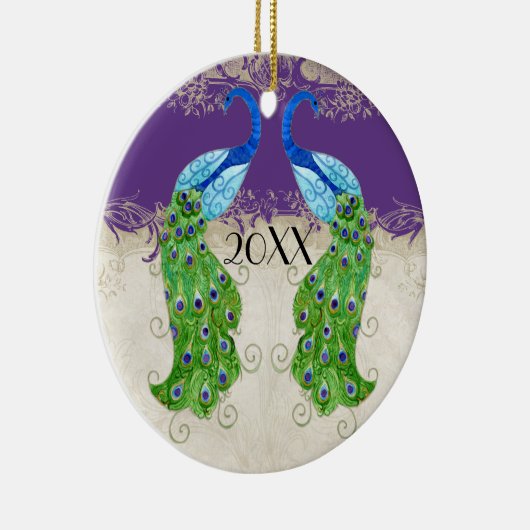 アールデコスタイルピーコックパープルnクリームヴィンテージレース セラミックオーナメント (右)