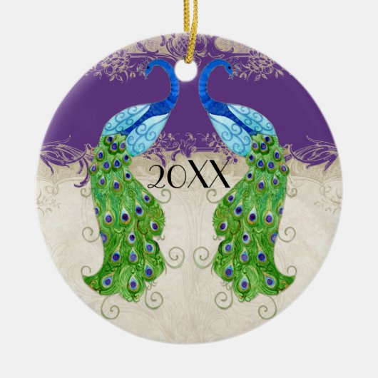 アールデコスタイルピーコックパープルnクリームヴィンテージレース セラミックオーナメント (正面)