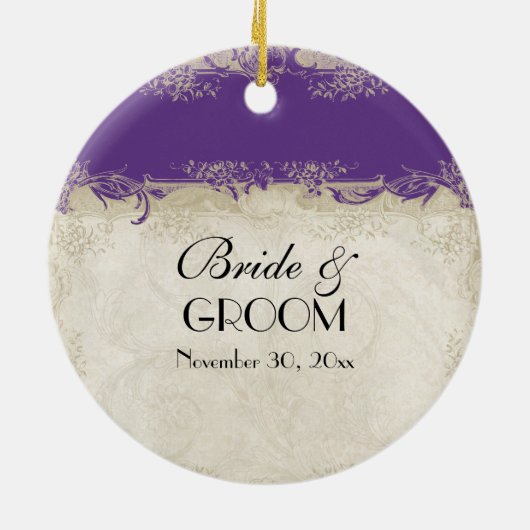 アールデコスタイルピーコックパープルnクリームヴィンテージレース セラミックオーナメント (裏面)