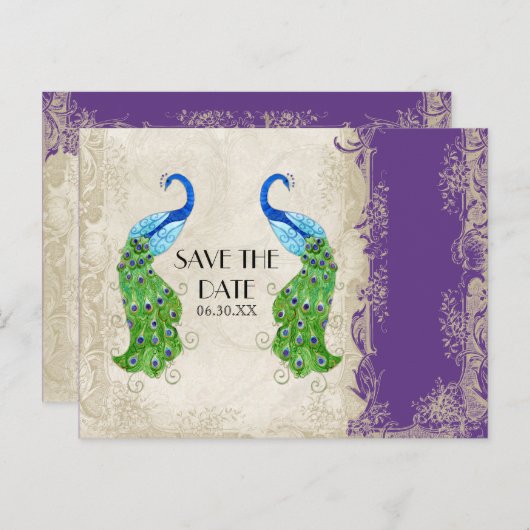 アールデコスタイルピーコックパープルnクリームヴィンテージレース 案内ポストカード (正面/裏面)