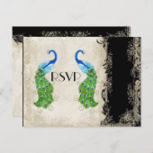 アールデコスタイルピーコックブラックnクリームヴィンテージレース インビテーションポストカード (正面/裏面)