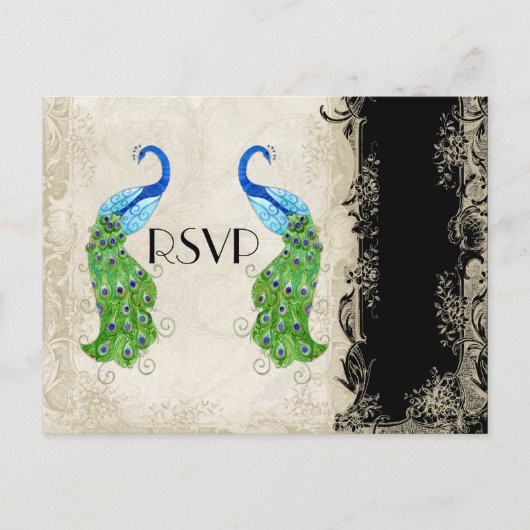 アールデコスタイルピーコックブラックnクリームヴィンテージレース インビテーションポストカード (正面)