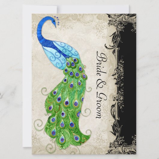 アールデコスタイルピーコックブラックnクリームヴィンテージレース 招待状 (正面)