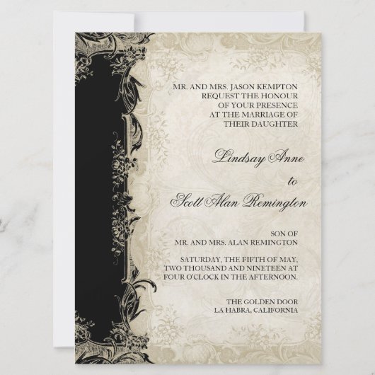 アールデコスタイルピーコックブラックnクリームヴィンテージレース 招待状 (裏面)