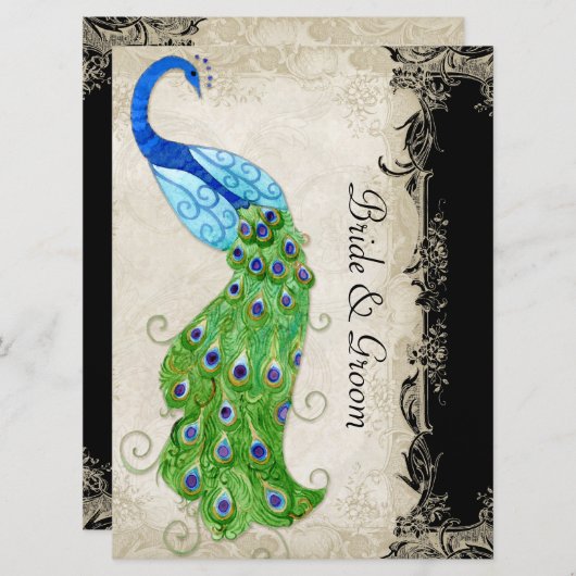 アールデコスタイルピーコックブラックnクリームヴィンテージレース 招待状 (正面/裏面)