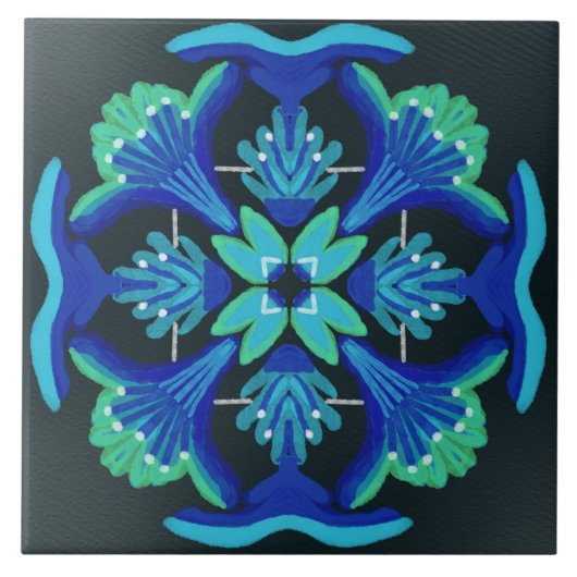 アールデコスタイル水色ブラックブルーグリーンフローラ タイル (正面)