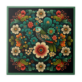 アールデコスタイル花文鳥陶磁瓦 タイル