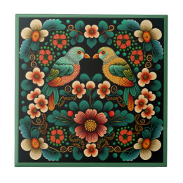 アールデコスタイル花文鳥陶磁瓦 タイル