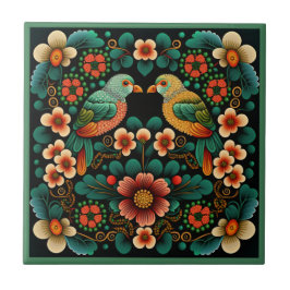 アールデコスタイル花文鳥陶磁瓦 タイル