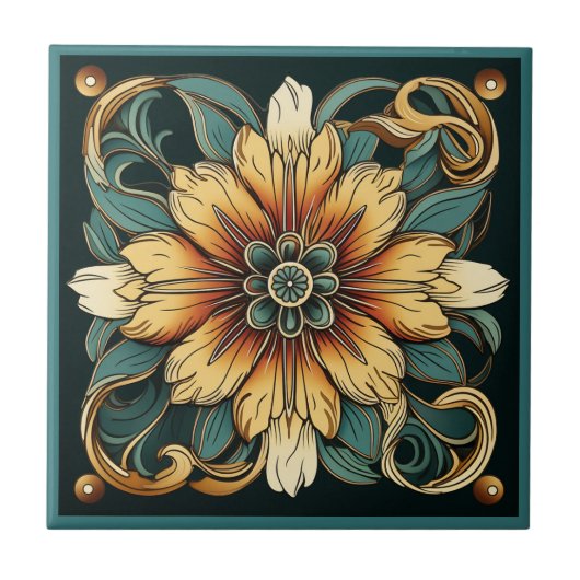 アールデコスタイル花模様セラミックタイル タイル (正面)