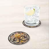 アールデコステンドグラスフローライエローブラウンオレンジ ラウンドペーパーコースター (インサイチュ)