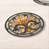 アールデコステンドグラスフローライエローブラウンオレンジ ラウンドペーパーコースター (アングル)