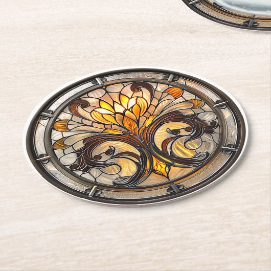 アールデコステンドグラスフローライエローブラウンオレンジ ラウンドペーパーコースター (アングル)