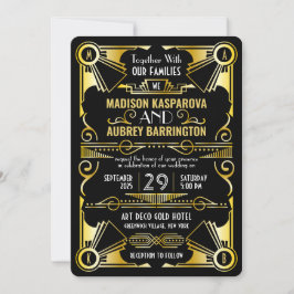 アールデコズ結婚·ギ素晴らしャツビー·ブラック&華美金ゴールド 招待状
