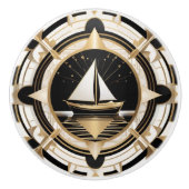 アールデコセイルボート白黒及び金ゴールド 航海の セラミックノブ (正面)