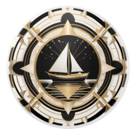 アールデコセイルボート白黒及び金ゴールド 航海の セラミックノブ