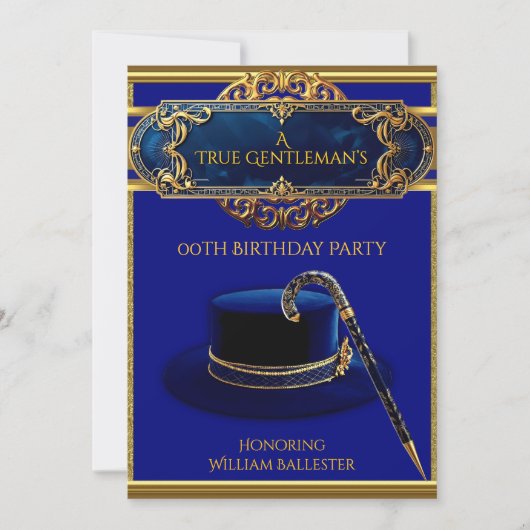 アールデコソルメンズハットケーン金ゴールドネイビー誕生日 招待状 (正面)