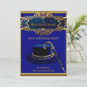 アールデコソルメンズハットケーン金ゴールドネイビー誕生日 招待状 (スタンド正面)