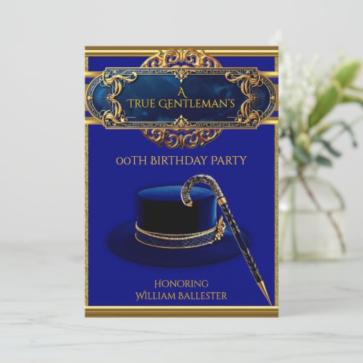 アールデコソルメンズハットケーン金ゴールドネイビー誕生日 招待状 (スタンド正面)