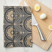 アールデコタイルフローラ（灰色および砂） キッチンタオル (四つ折り)