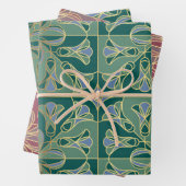 アールデコタイルフローラ。緑、青、および金ゴールド ラッピングペーパーシート (インサイチュ)