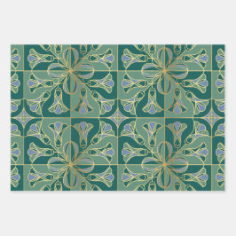 アールデコタイルフローラ。緑、青、および金ゴールド ラッピングペーパーシート