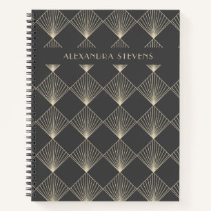 アールデコタイルラインアート(黒)金ゴールドパーソナライズされた ノートブック