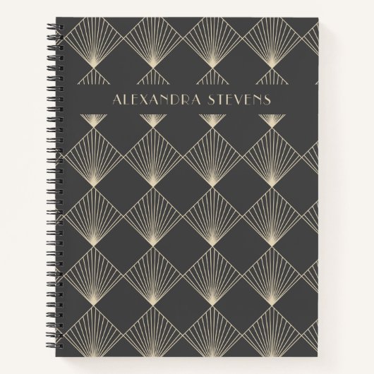 アールデコタイルラインアート（黒）金ゴールドパーソナライズされた  ノートブック (正面)