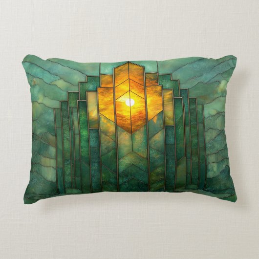 アールデコターコイズグリーンイエローオレンジ アクセントクッション (正面)