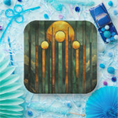 アールデコターコイズグリーン金ゴールドサン ペーパープレート (パーティー)