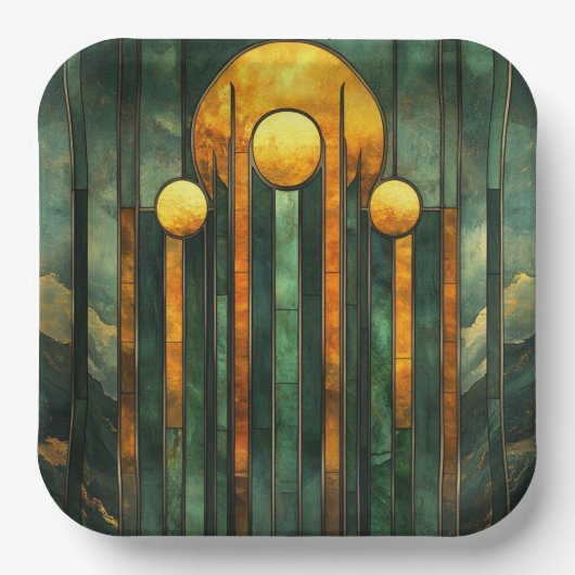 アールデコターコイズグリーン金ゴールドサン ペーパープレート (正面)