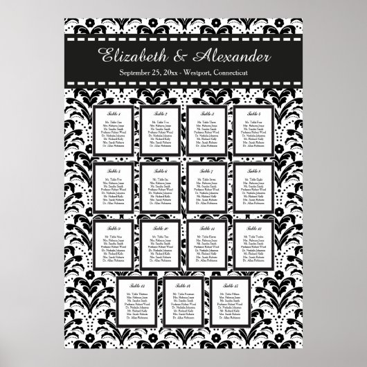 アールデコダマスク結婚式15テーブル座席表 ポスター (正面)
