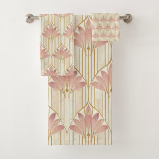 アールデコデザインの塵ピンクとバラ金ゴールド バスタオルセット
