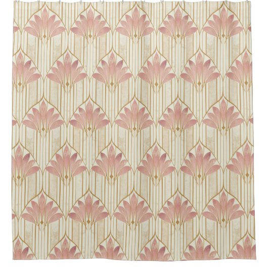 アールデコデザインダスティピンク、アイボリーおよびバラ金ゴールド シャワーカーテン (正面)