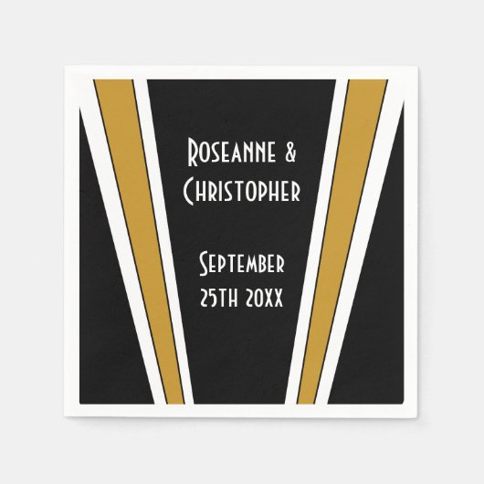 アールデコデザインブラックと金ゴールド結婚ズ スタンダードカクテルナプキン (正面)