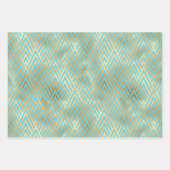 アールデコデザイン、ティール（緑がかった色）、および金ゴールドパターン ラッピングペーパーシート (正面)