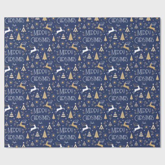 アールデコトナカイ名前をカスタムするダークブルー ラッピングペーパー (フラット)