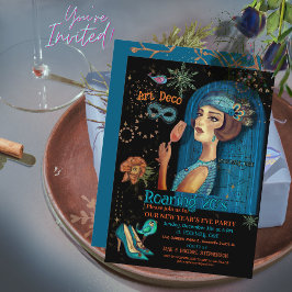 アールデコニューイヤーズイブティール（緑がかった色）ブラック招待状 招待状