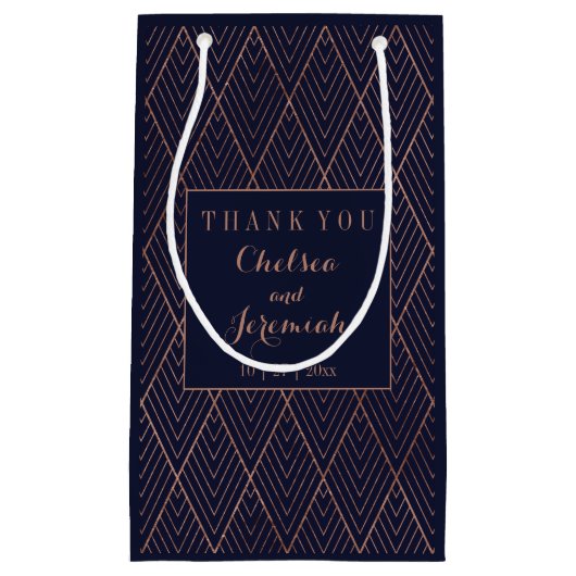 アールデコネイビー金ゴールド名前をカスタムする スモールペーパーバッグ (正面)