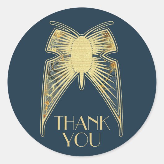 アールデコバタフライブルー金ゴールド「ありがとう」 ラウンドシール (正面)