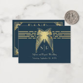 アールデコバタフライブルー金ゴールドRSVP ノートカード (正面/裏面インサイチュ)