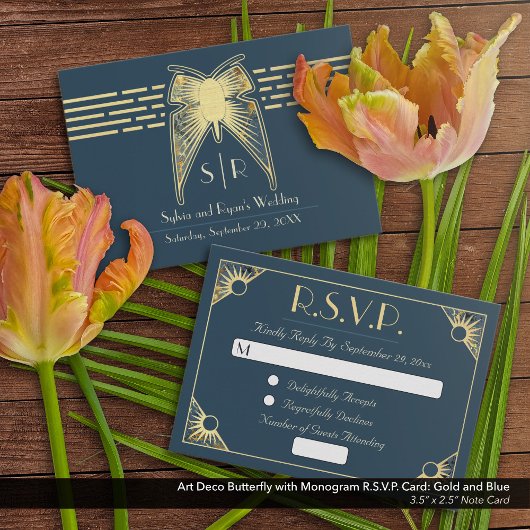 アールデコバタフライブルー金ゴールドRSVP ノートカード