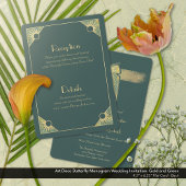 アールデコバタフライモノグラムグリーン結婚金ゴールド 招待状