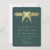 アールデコバタフライモノグラムグリーン結婚金ゴールド 招待状 (正面)