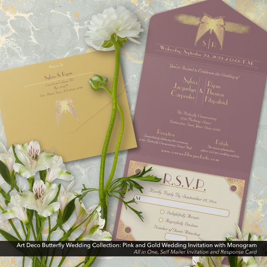 アールデコバタフライモノグラムピンク結婚金ゴールド オールインワン招待状