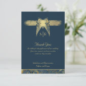 アールデコバタフライモノグラムフォトブルー金ゴールドフラット サンキューカード (スタンド正面)