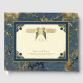 アールデコバタフライモノグラムブルーと金ゴールド結婚ズ ゲストブック (正面)